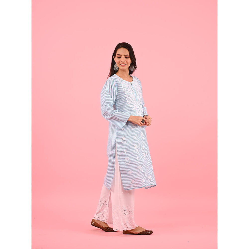 House of Chikankari Zinia Embroidered Cotton Straight Kurta Blue