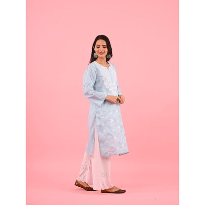 House of Chikankari Zinia Embroidered Cotton Straight Kurta Blue
