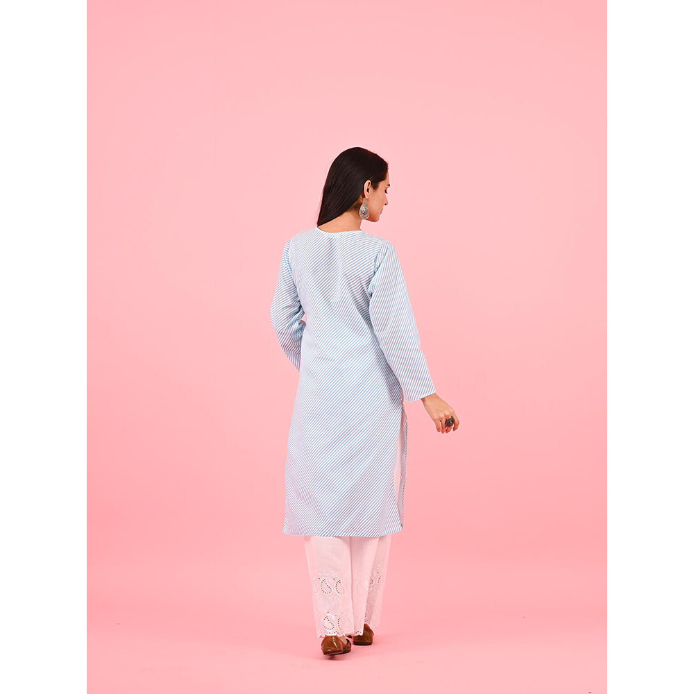 House of Chikankari Zinia Embroidered Cotton Straight Kurta Blue