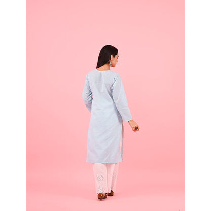 House of Chikankari Zinia Embroidered Cotton Straight Kurta Blue