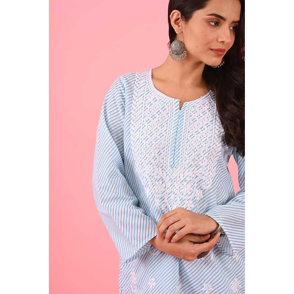 House of Chikankari Zinia Embroidered Cotton Straight Kurta Blue