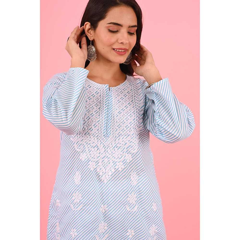 House of Chikankari Zinia Embroidered Cotton Straight Kurta Blue