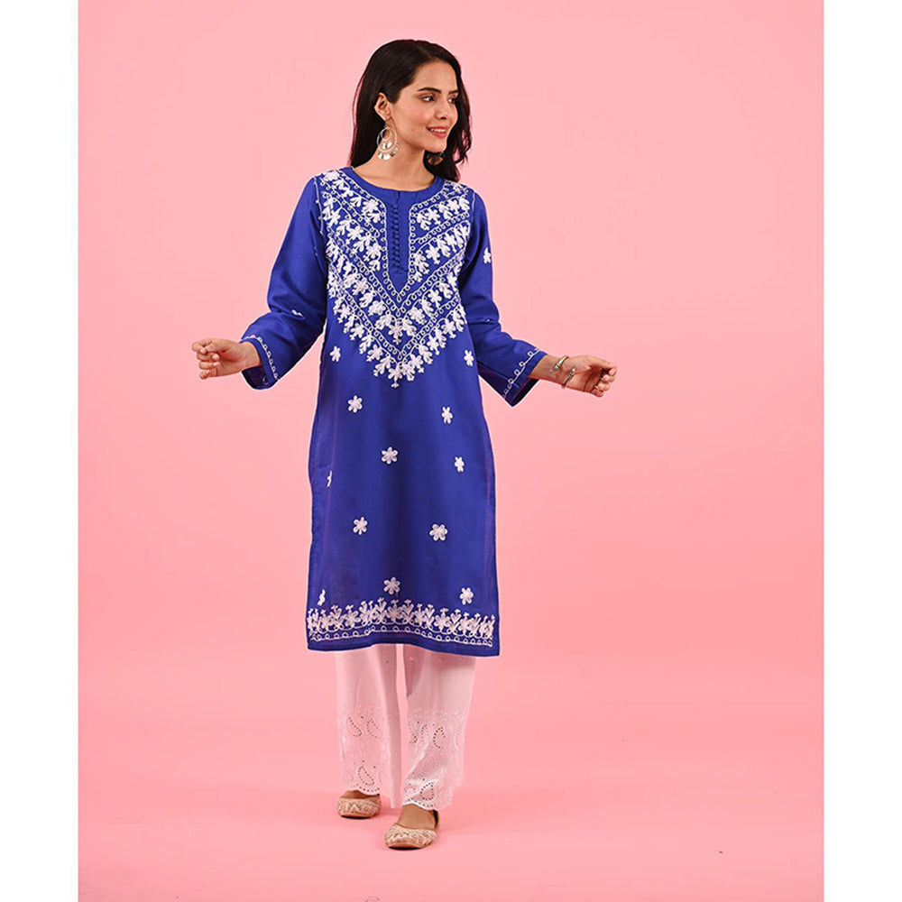 House of Chikankari Zinia Embroidered Cotton Straight Kurta Blue