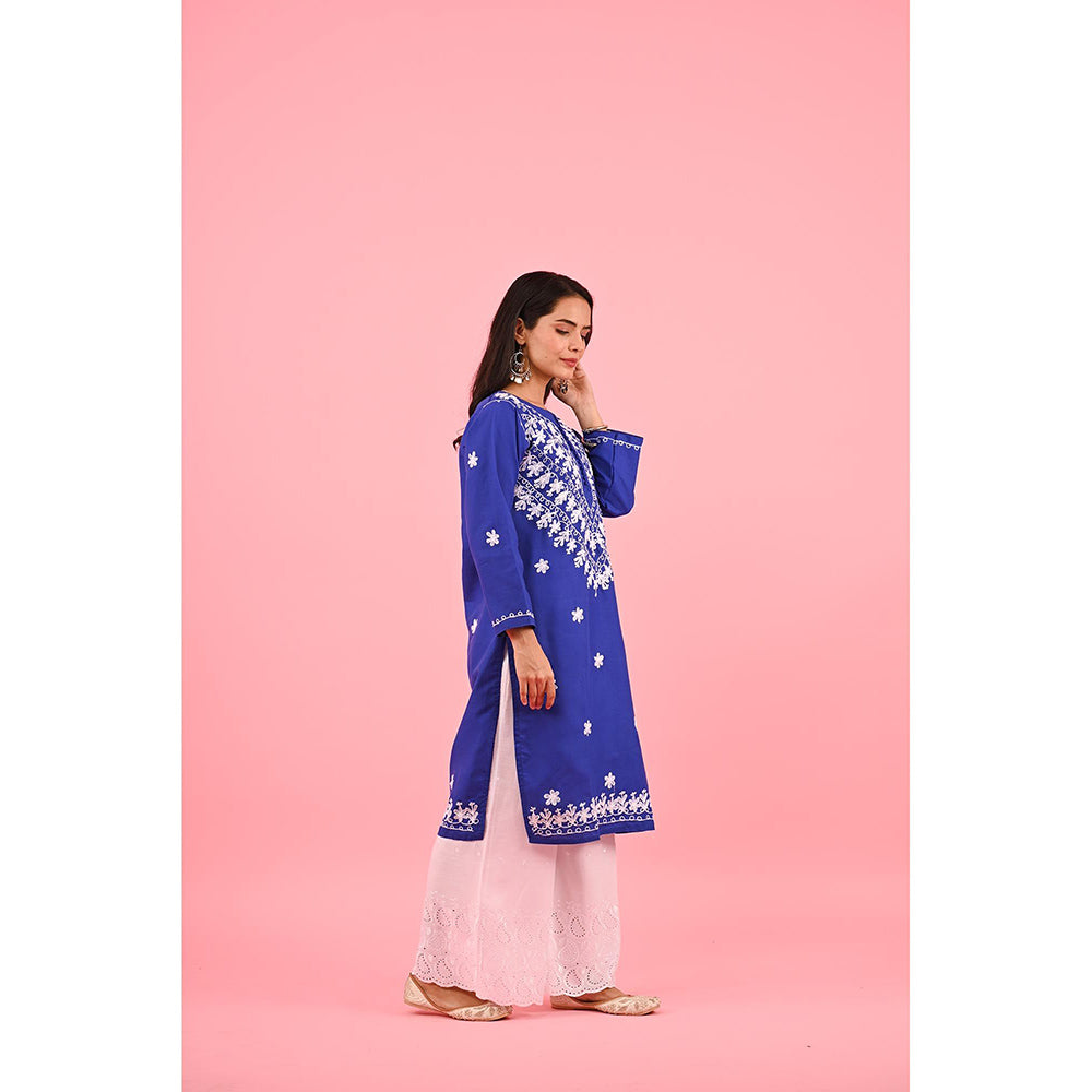 House of Chikankari Zinia Embroidered Cotton Straight Kurta Blue