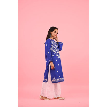 House of Chikankari Zinia Embroidered Cotton Straight Kurta Blue