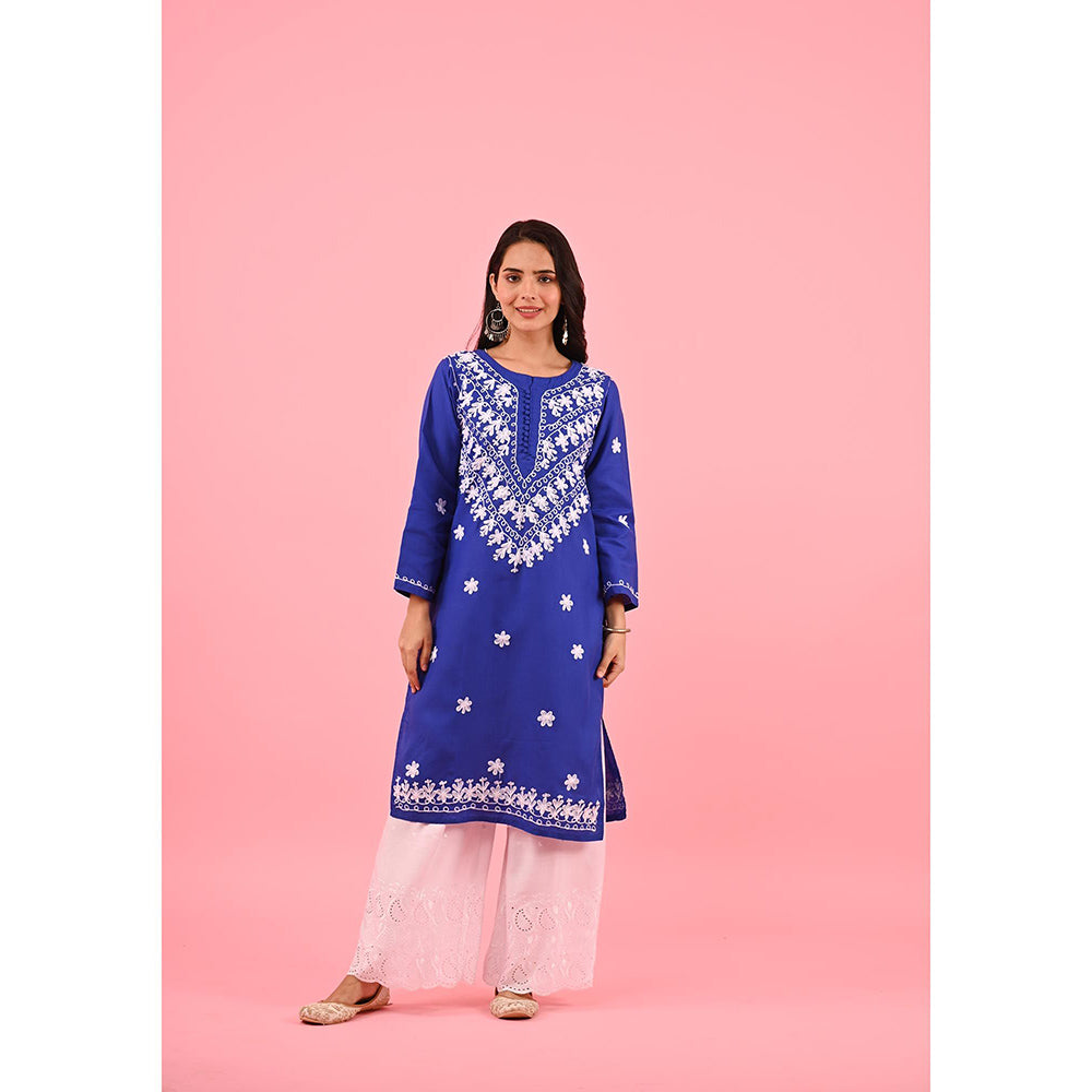 House of Chikankari Zinia Embroidered Cotton Straight Kurta Blue