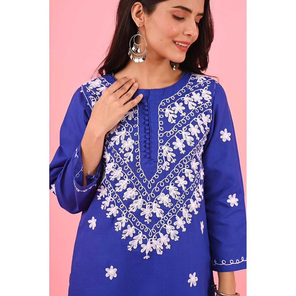 House of Chikankari Zinia Embroidered Cotton Straight Kurta Blue