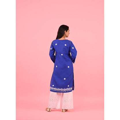 House of Chikankari Zinia Embroidered Cotton Straight Kurta Blue