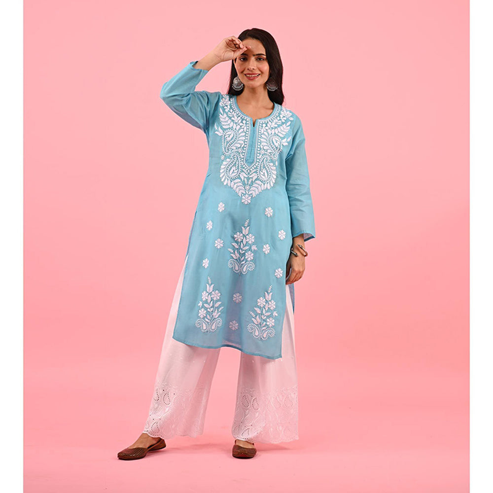House of Chikankari Zinia Embroidered Cotton Straight Kurta Blue