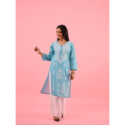 House of Chikankari Zinia Embroidered Cotton Straight Kurta Blue