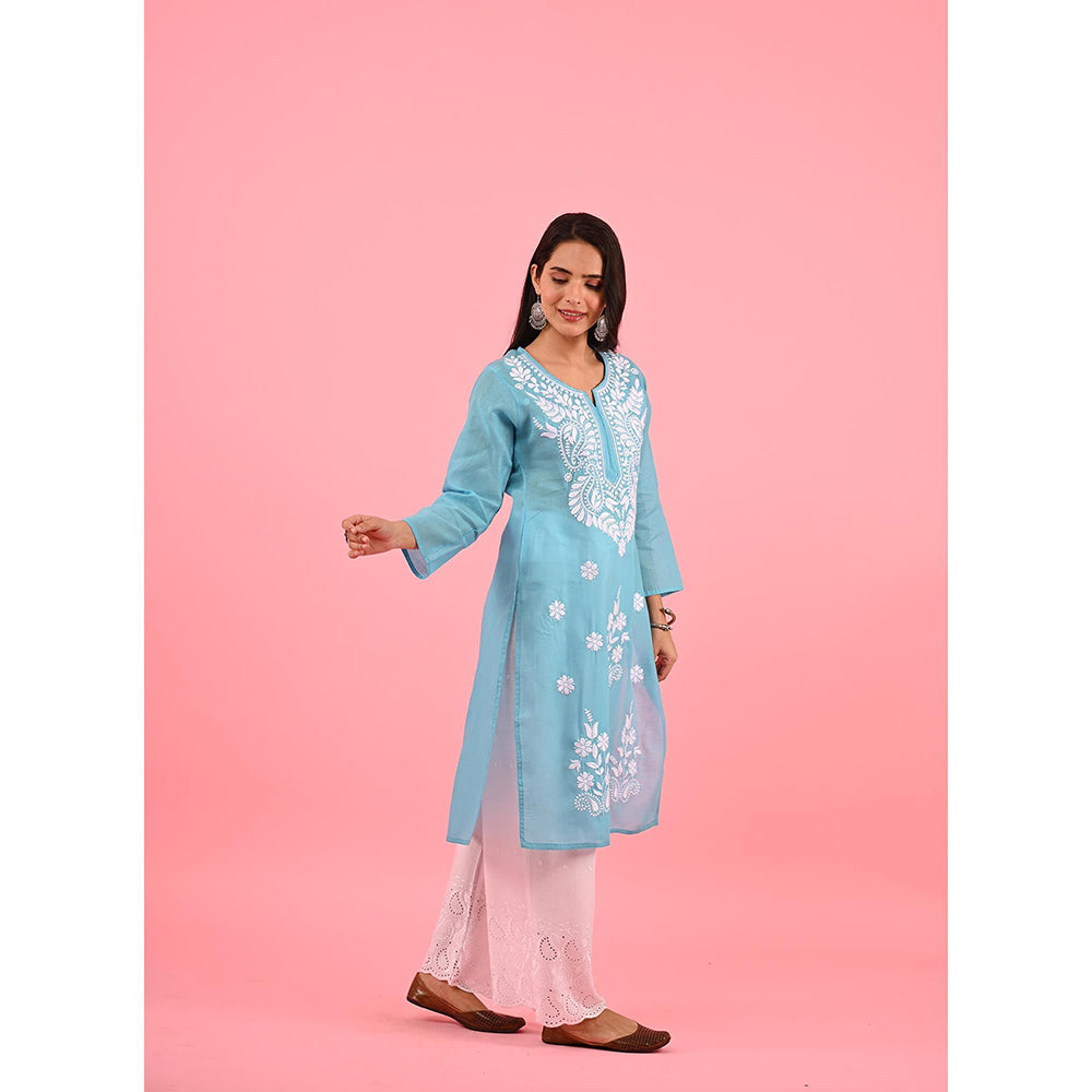 House of Chikankari Zinia Embroidered Cotton Straight Kurta Blue