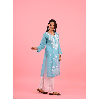 House of Chikankari Zinia Embroidered Cotton Straight Kurta Blue