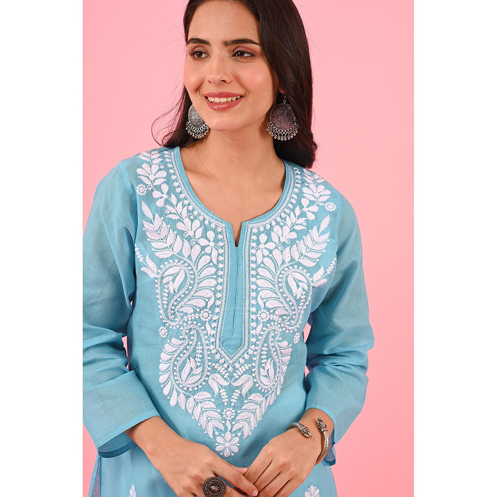 House of Chikankari Zinia Embroidered Cotton Straight Kurta Blue