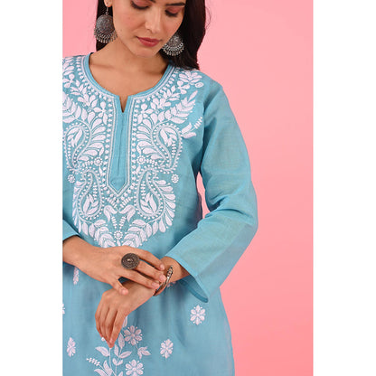 House of Chikankari Zinia Embroidered Cotton Straight Kurta Blue