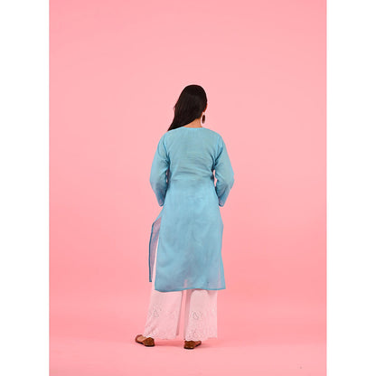 House of Chikankari Zinia Embroidered Cotton Straight Kurta Blue