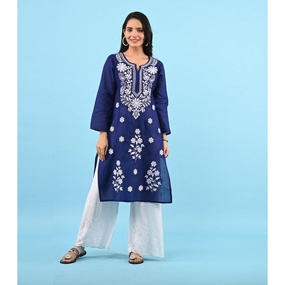 House of Chikankari Zinia Embroidered Cotton Straight Kurta Dark Blue