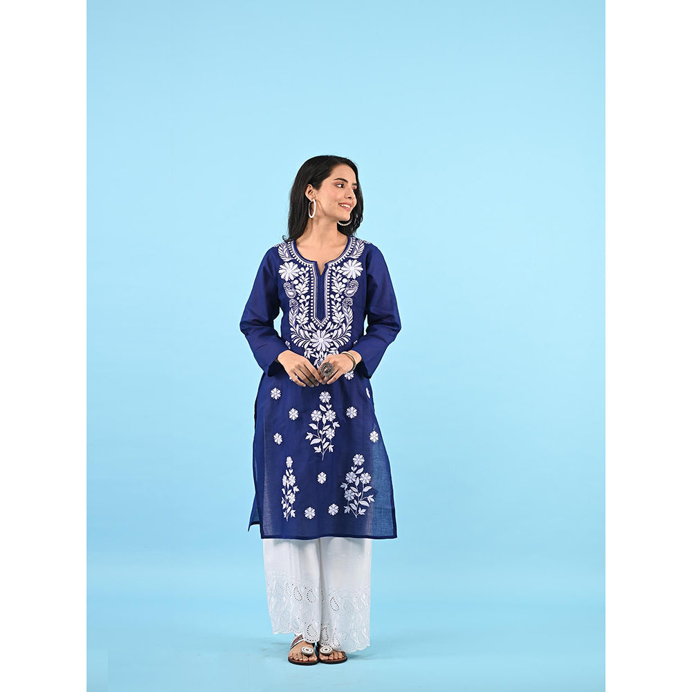 House of Chikankari Zinia Embroidered Cotton Straight Kurta Dark Blue