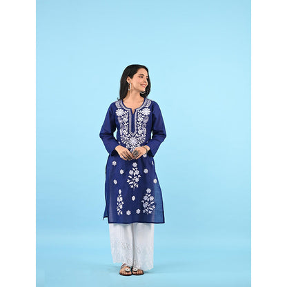House of Chikankari Zinia Embroidered Cotton Straight Kurta Dark Blue