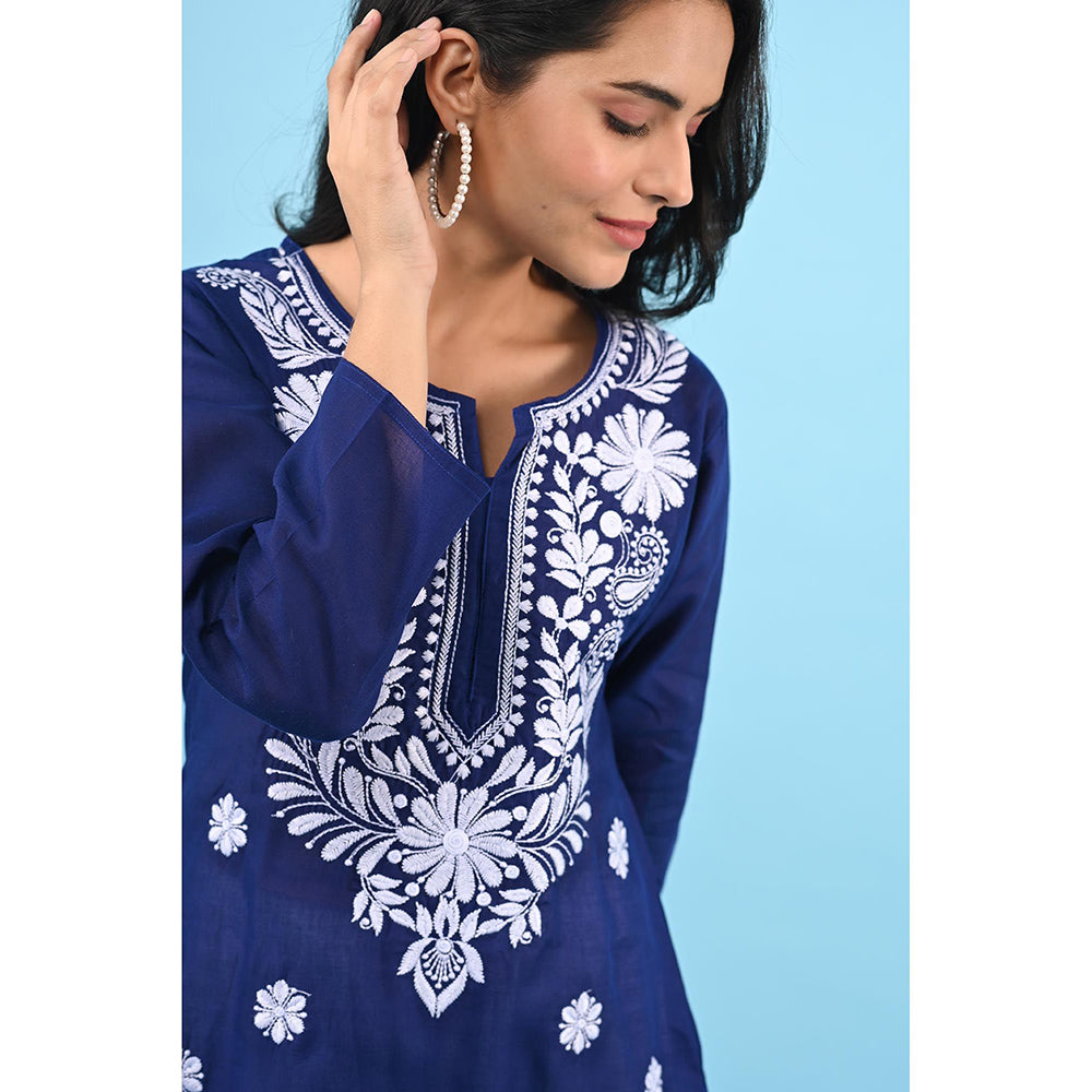 House of Chikankari Zinia Embroidered Cotton Straight Kurta Dark Blue