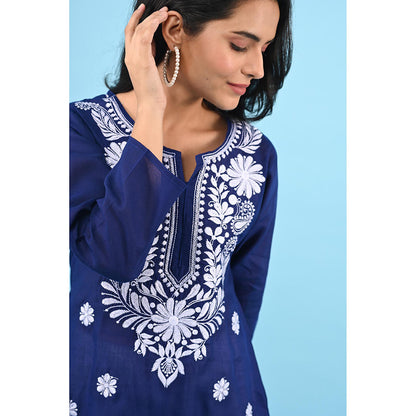 House of Chikankari Zinia Embroidered Cotton Straight Kurta Dark Blue