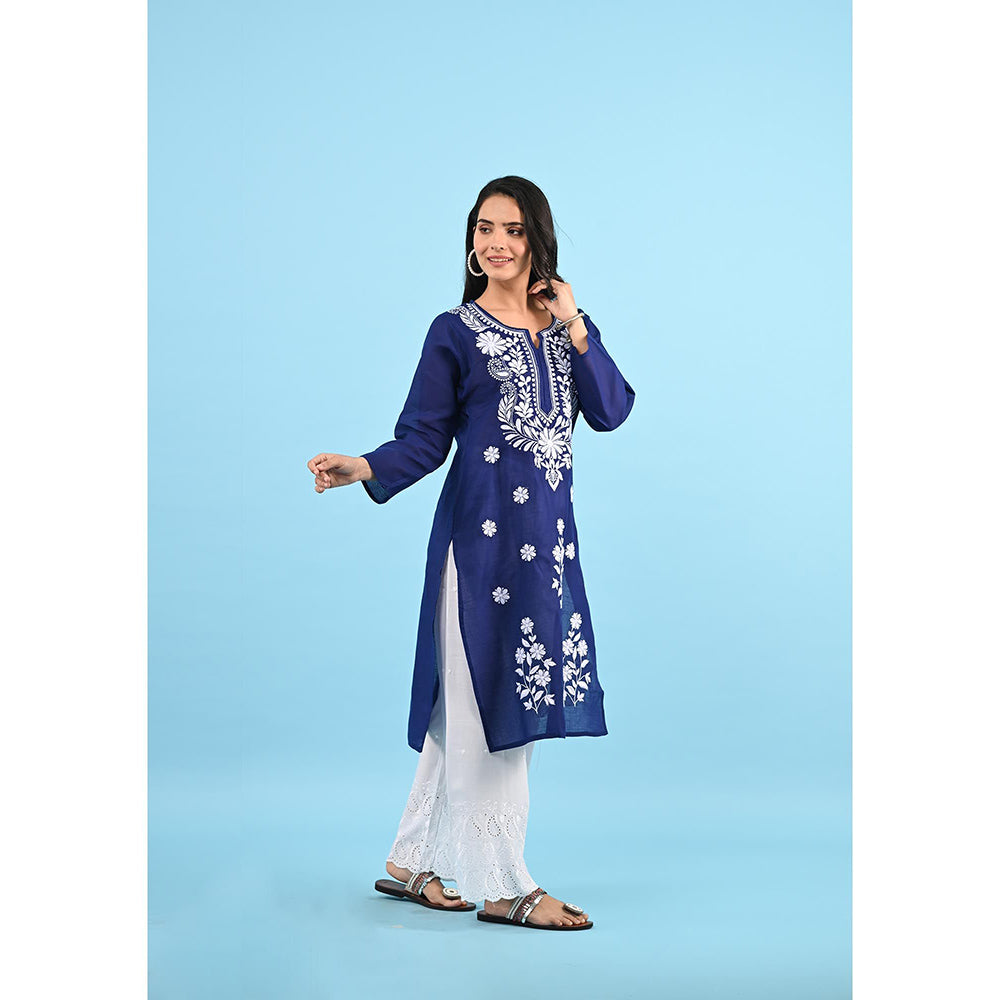 House of Chikankari Zinia Embroidered Cotton Straight Kurta Dark Blue