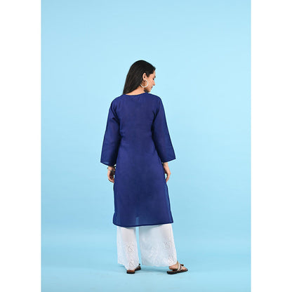 House of Chikankari Zinia Embroidered Cotton Straight Kurta Dark Blue