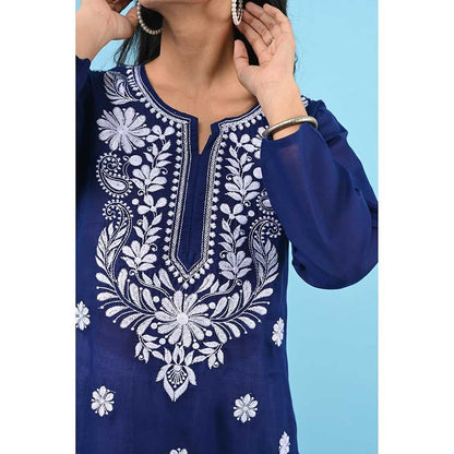 House of Chikankari Zinia Embroidered Cotton Straight Kurta Dark Blue