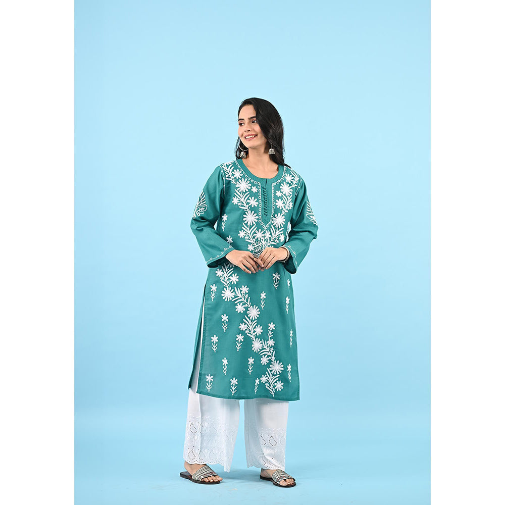 House of Chikankari Zinia Embroidered Cotton Straight Kurta Green