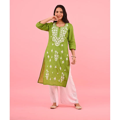 House of Chikankari Zinia Embroidered Cotton Straight Kurta Green