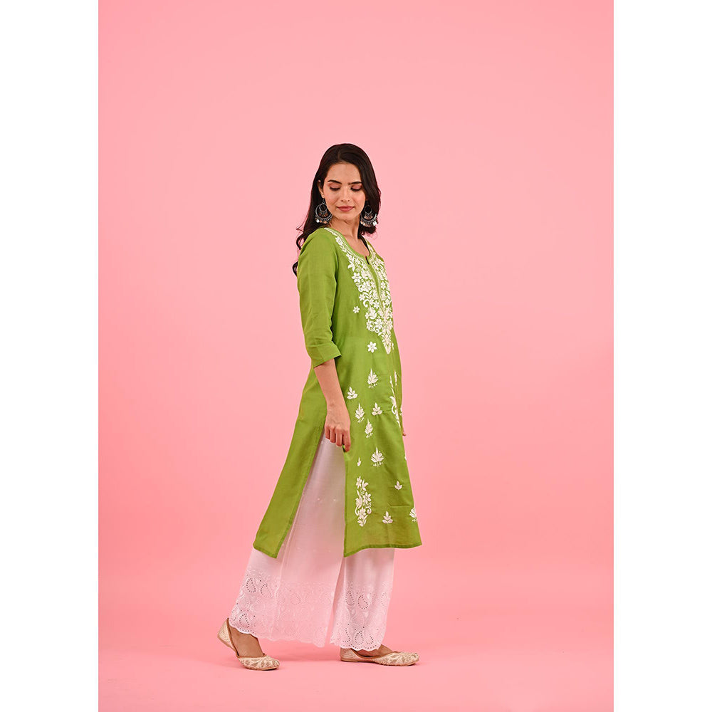 House of Chikankari Zinia Embroidered Cotton Straight Kurta Green