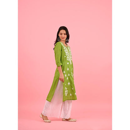 House of Chikankari Zinia Embroidered Cotton Straight Kurta Green