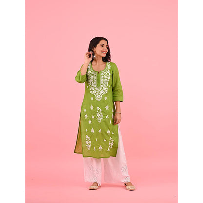 House of Chikankari Zinia Embroidered Cotton Straight Kurta Green