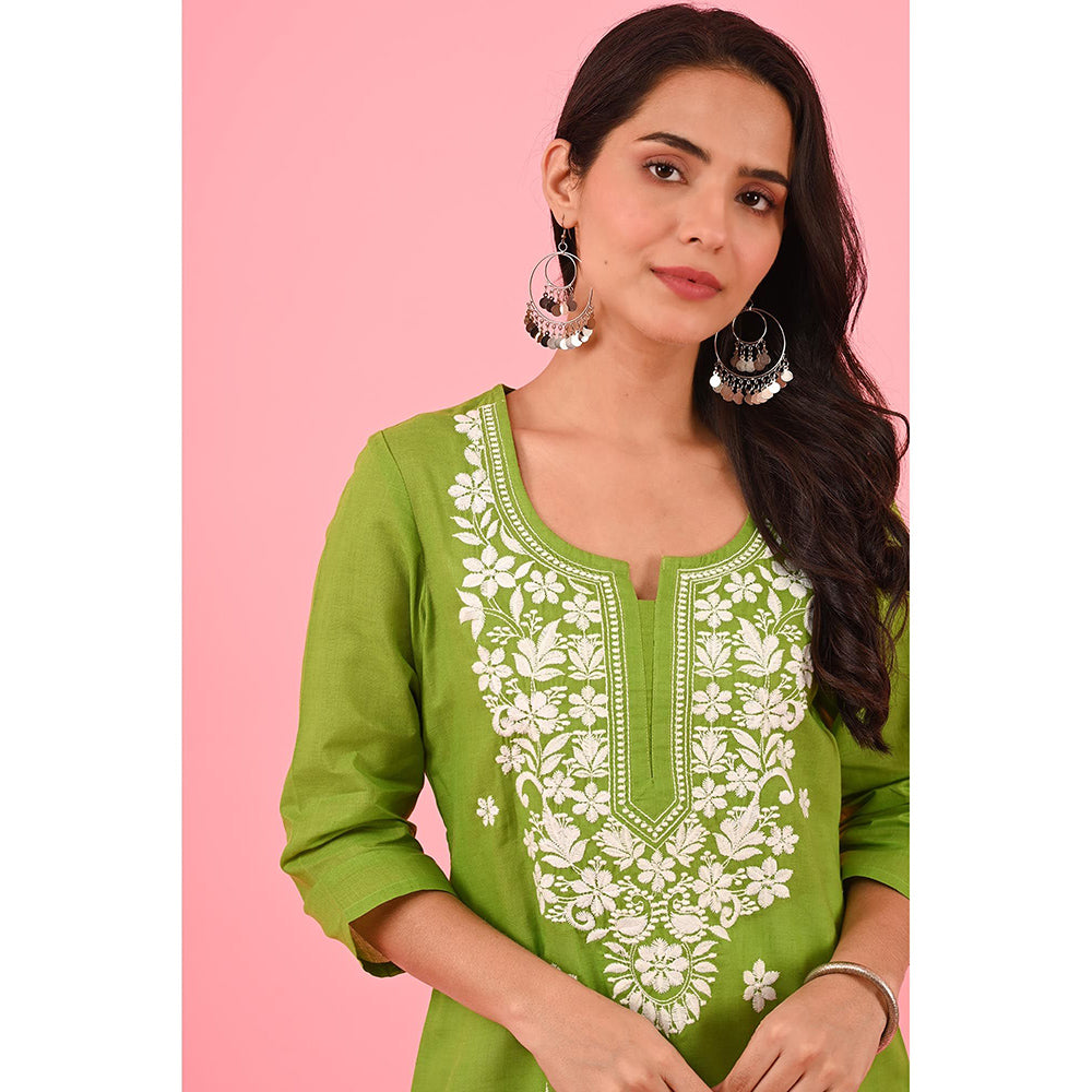 House of Chikankari Zinia Embroidered Cotton Straight Kurta Green