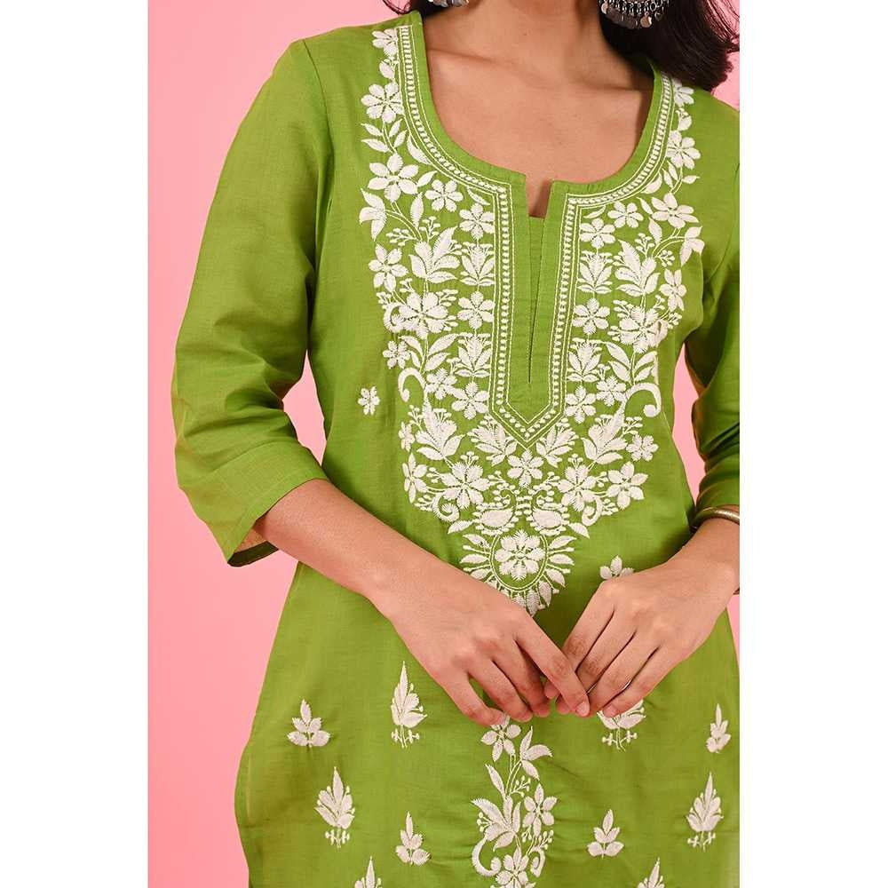 House of Chikankari Zinia Embroidered Cotton Straight Kurta Green