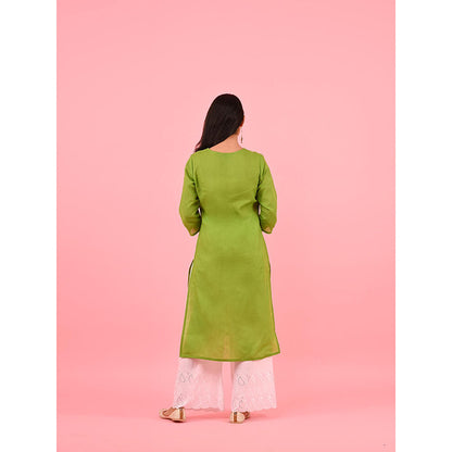 House of Chikankari Zinia Embroidered Cotton Straight Kurta Green