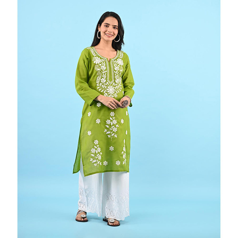House of Chikankari Zinia Embroidered Cotton Straight Kurta Green