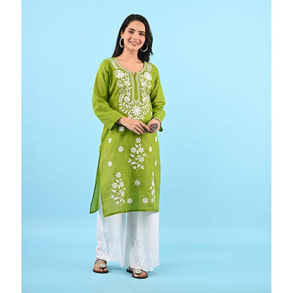 House of Chikankari Zinia Embroidered Cotton Straight Kurta Green