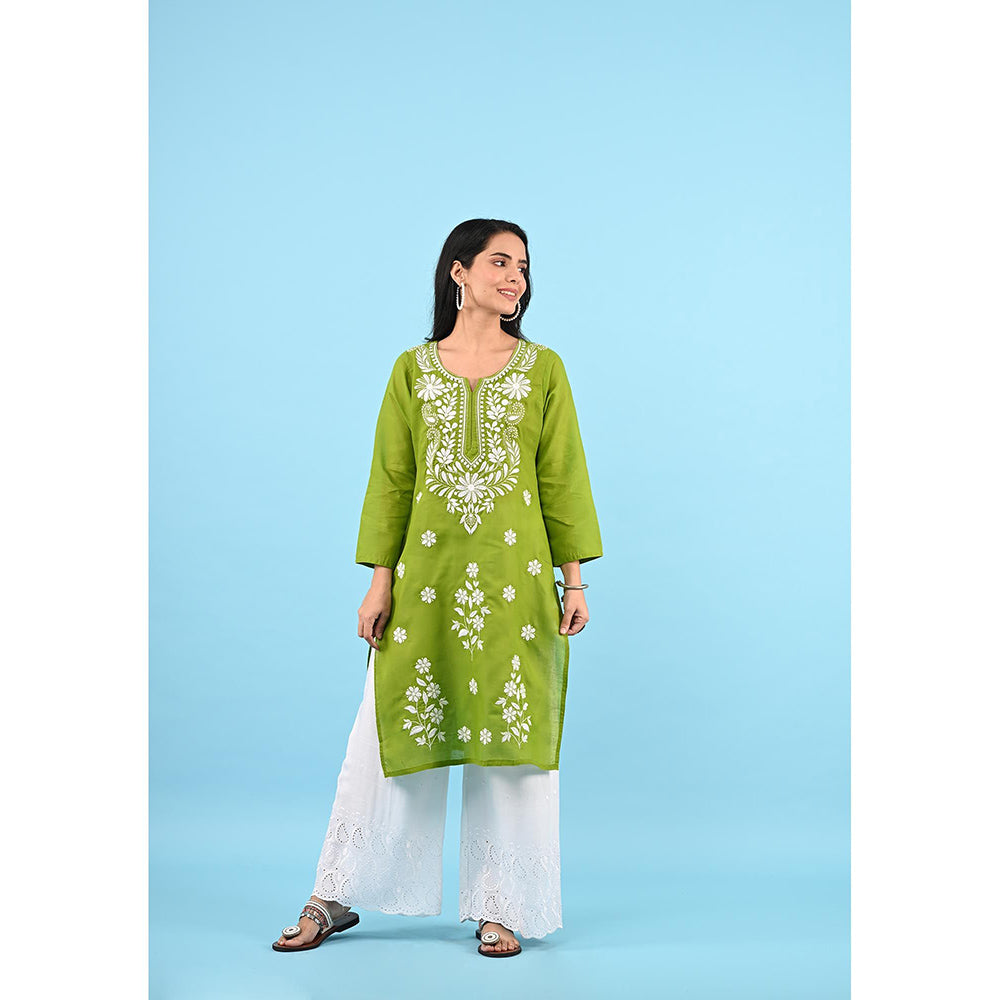 House of Chikankari Zinia Embroidered Cotton Straight Kurta Green