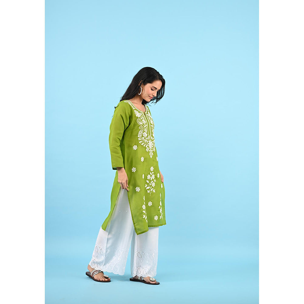 House of Chikankari Zinia Embroidered Cotton Straight Kurta Green