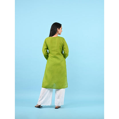 House of Chikankari Zinia Embroidered Cotton Straight Kurta Green