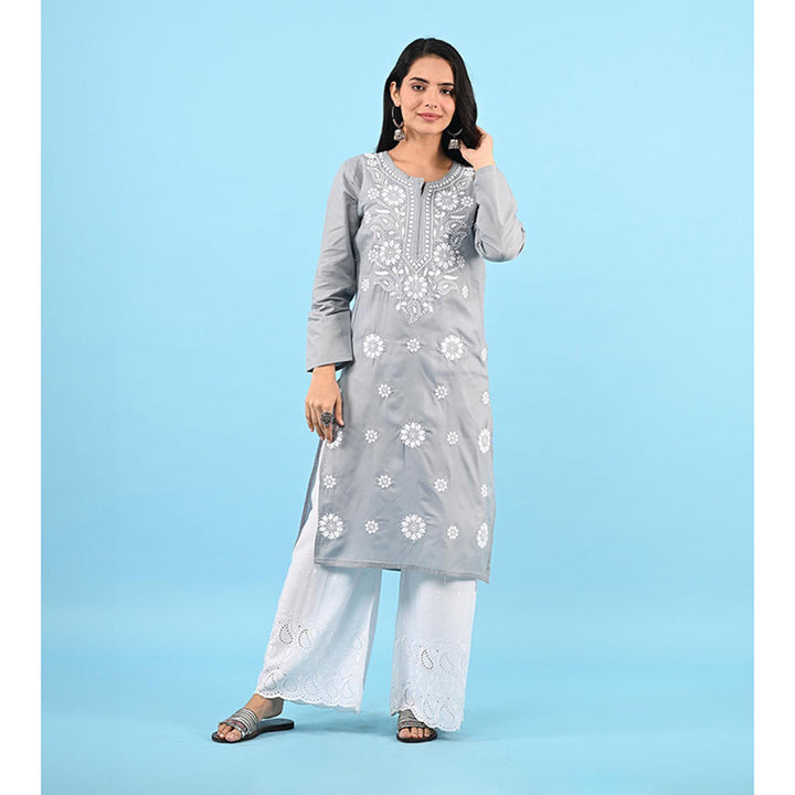 House of Chikankari Zinia Embroidered Cotton Straight Kurta Grey