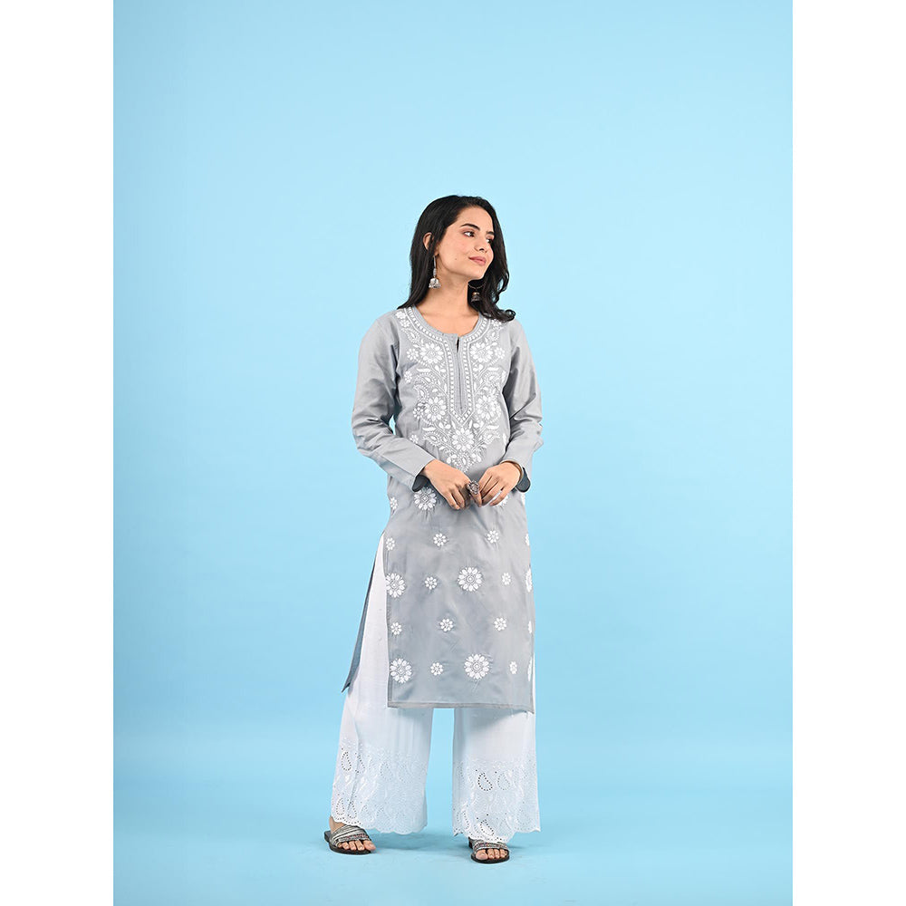 House of Chikankari Zinia Embroidered Cotton Straight Kurta Grey