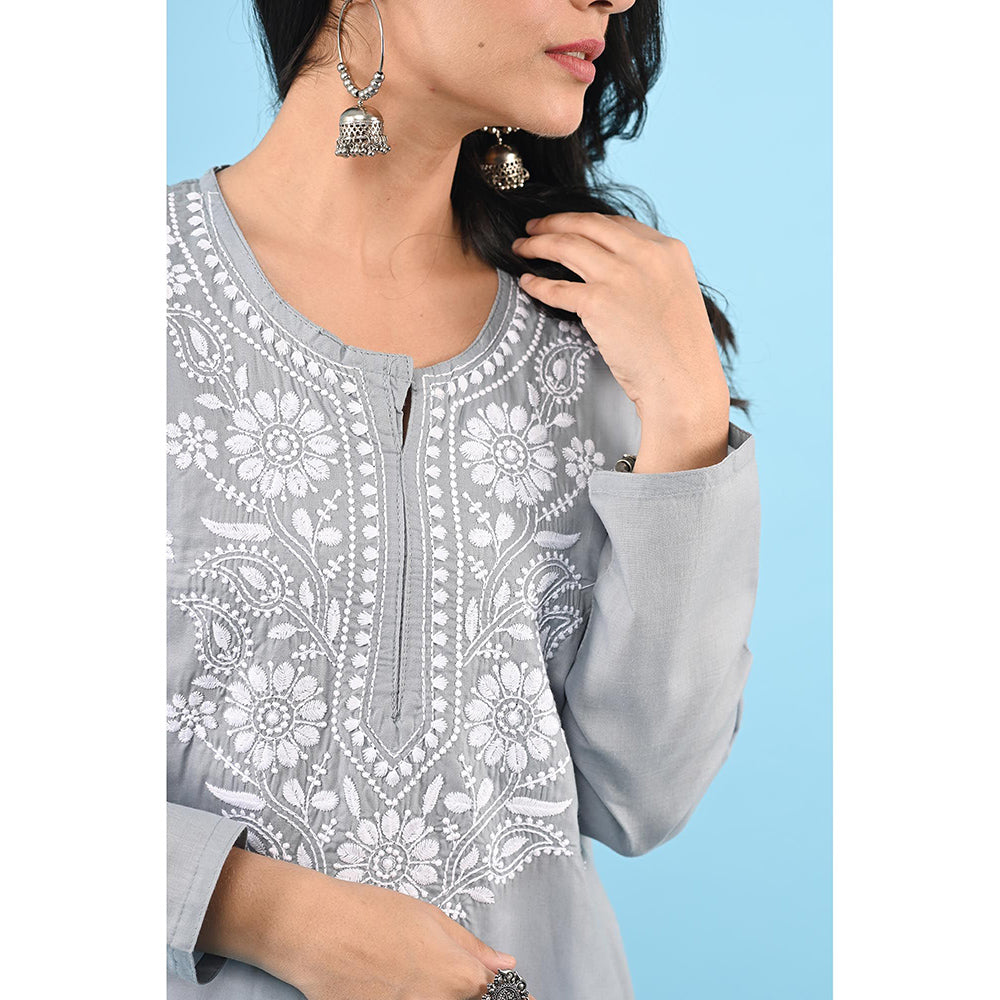 House of Chikankari Zinia Embroidered Cotton Straight Kurta Grey