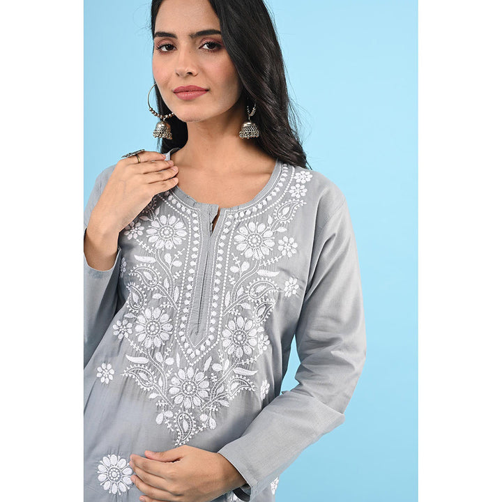 House of Chikankari Zinia Embroidered Cotton Straight Kurta Grey