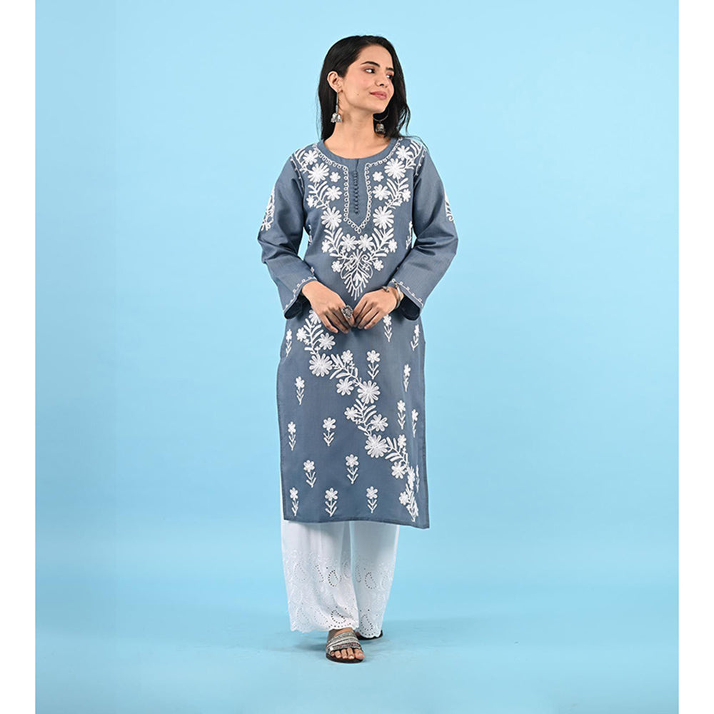 House of Chikankari Zinia Embroidered Cotton Straight Kurta Grey