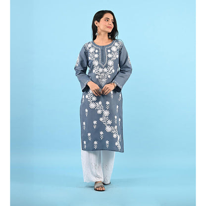 House of Chikankari Zinia Embroidered Cotton Straight Kurta Grey