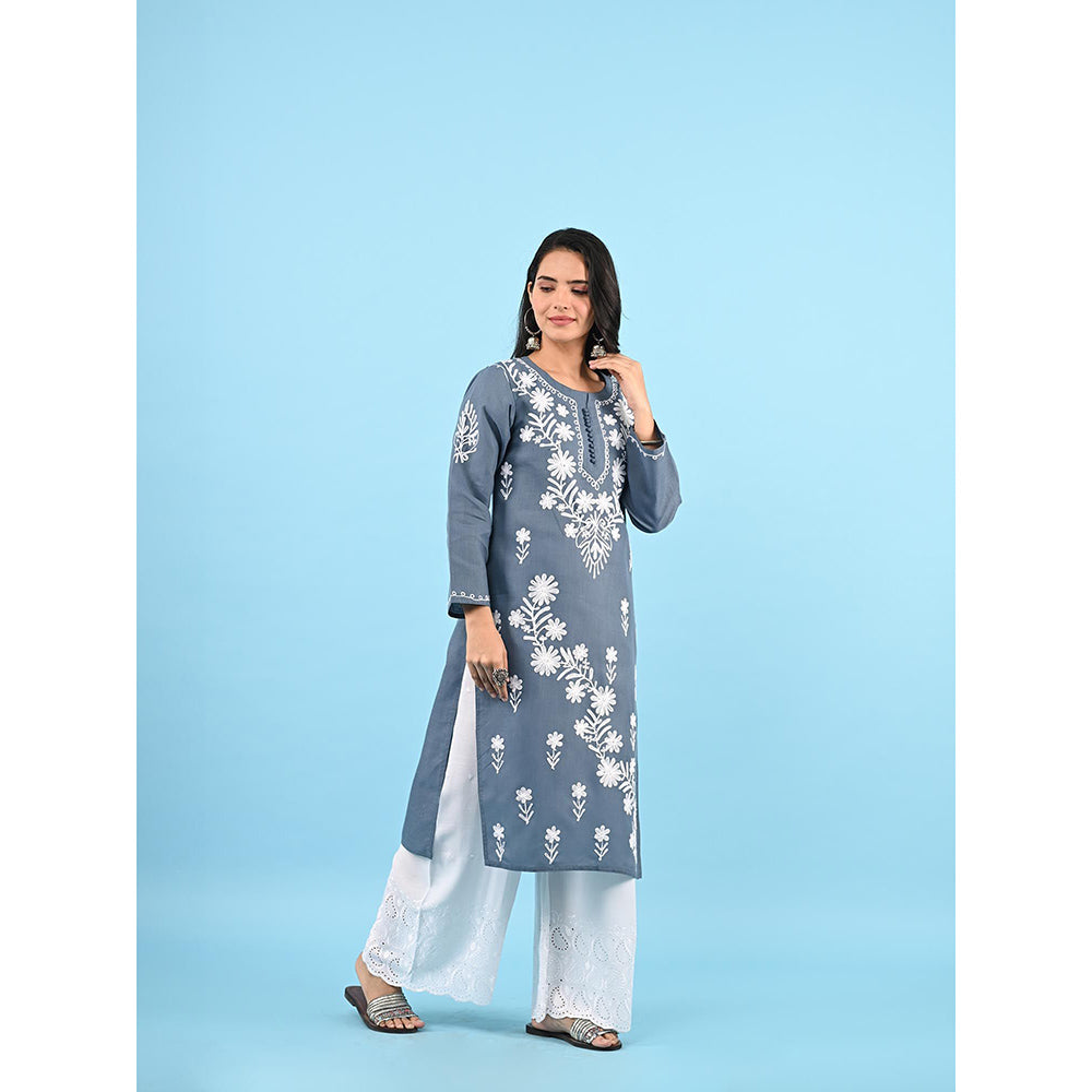 House of Chikankari Zinia Embroidered Cotton Straight Kurta Grey