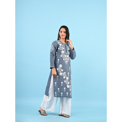 House of Chikankari Zinia Embroidered Cotton Straight Kurta Grey