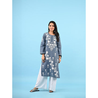 House of Chikankari Zinia Embroidered Cotton Straight Kurta Grey