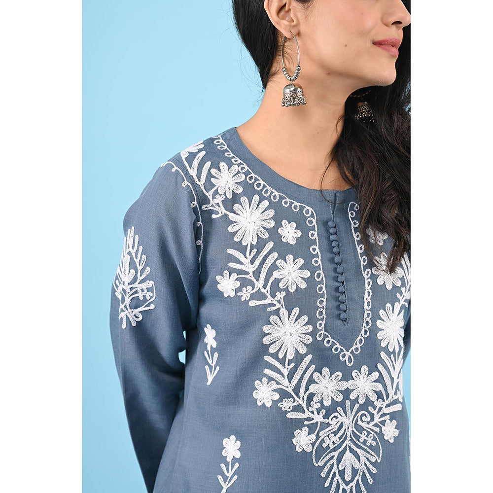 House of Chikankari Zinia Embroidered Cotton Straight Kurta Grey